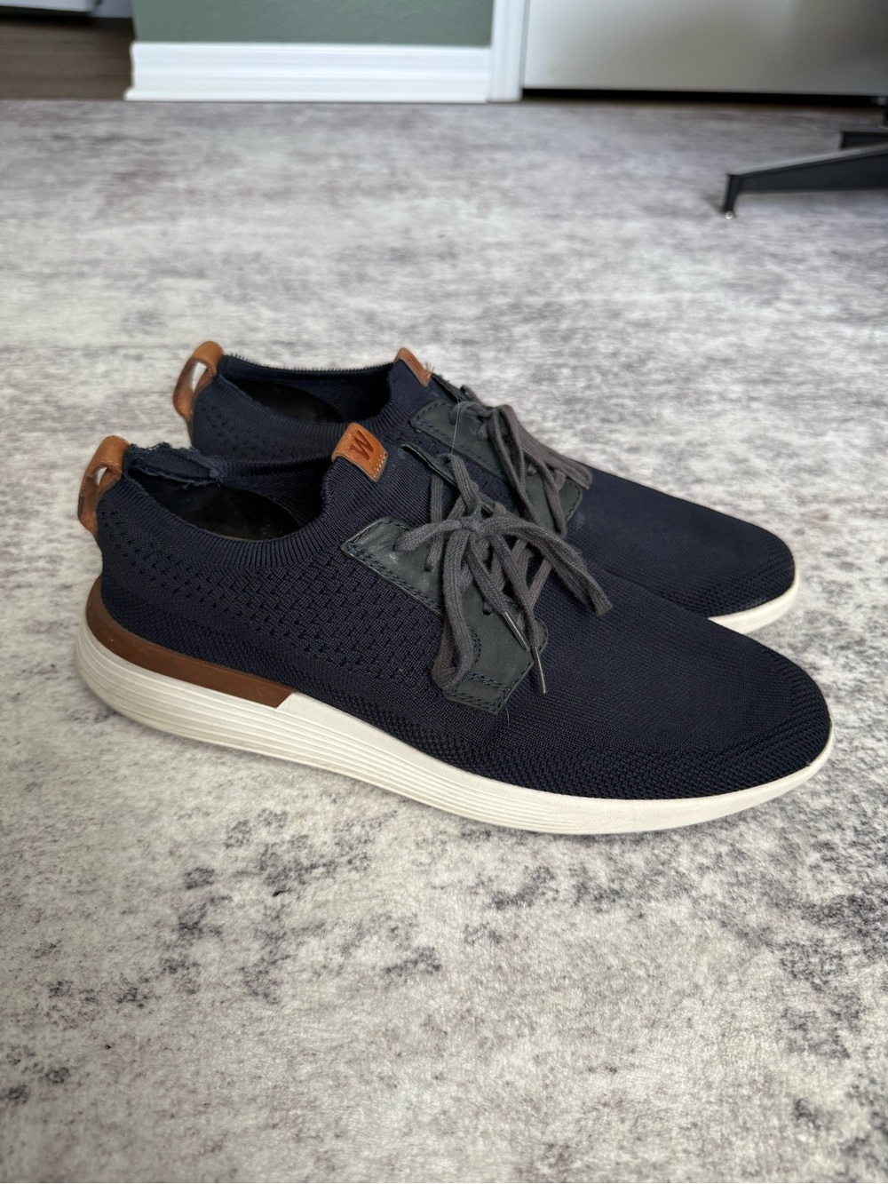 Men's Knit Lace-Up Sneakers in Navy with Brown Trim